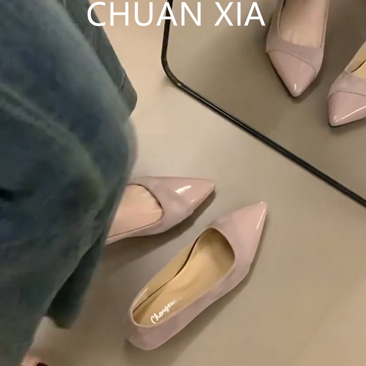 羊皮版！温柔粉色真皮玛丽珍鞋女尖头拼接软底单鞋浅口内增高瓢鞋