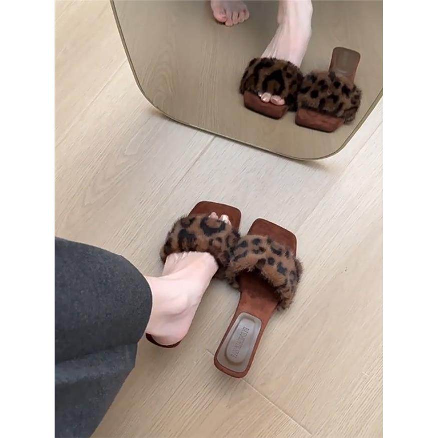 羊皮版！韩式辣妹风一字拖女性感豹纹毛毛高跟鞋真皮一脚蹬凉拖鞋,女鞋,一字拖,淘宝优惠券,粉丝福利购,淘宝优惠卷