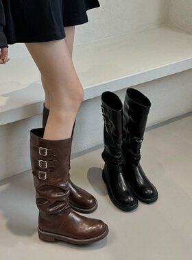 AII GUIFEI 欧美风皮带扣堆堆靴女中跟机车靴棕色高筒骑士靴增高