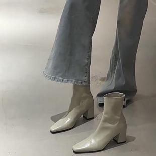 疯狂星团~真皮气质粗跟短靴女小众方头超火时装靴法式高跟瘦瘦靴