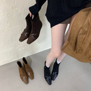 ALILOVERS 法式复古风方头弹力靴春秋中跟短靴绒面瘦瘦靴时尚百搭