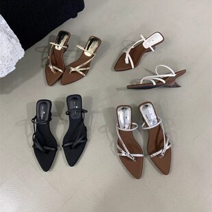 ALILOVERS 法式坡跟尖头夹趾拖鞋女夏外穿两穿凉鞋高跟夹角凉拖鞋