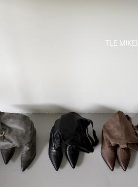 TLE MIKELIN 时尚尖头骑行靴女夏季堆堆靴高筒粗跟绒面套筒时装靴