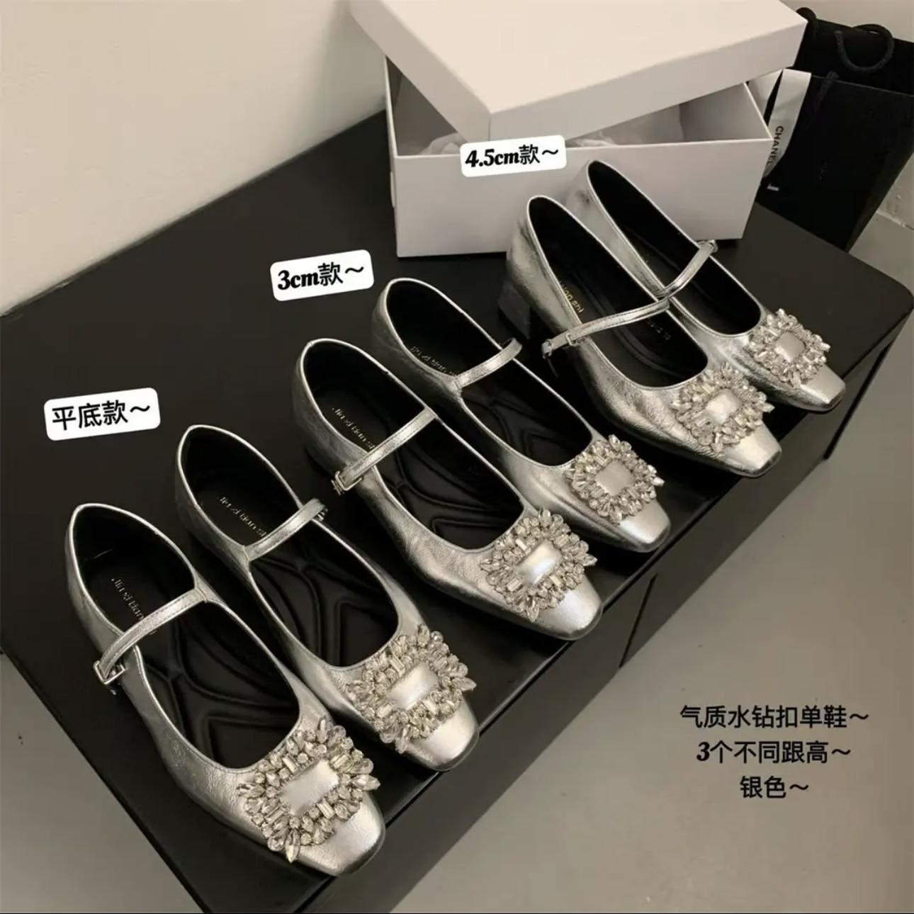 法式中高跟银色玛丽珍单鞋女鞋子2025新款春季气质方头水钻晚晚鞋