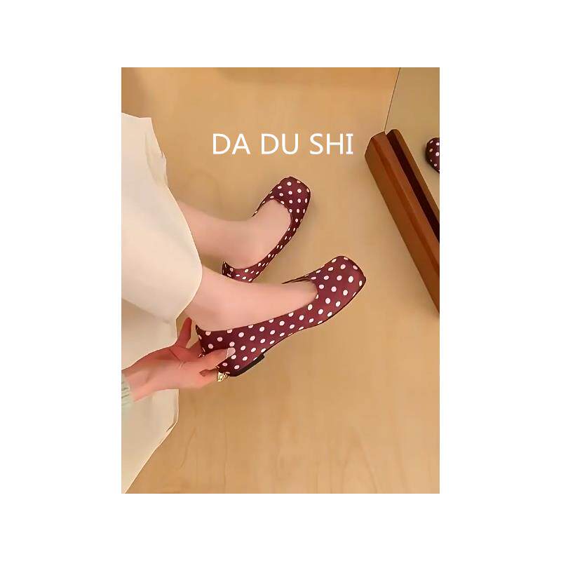 羊皮版~韩系优雅平底单鞋女真皮配裙子波点瓢鞋温柔风方头奶奶鞋
