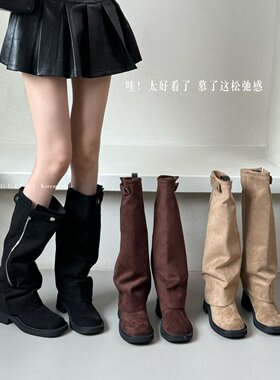 AII GUIFEI 欧美风高筒靴女夏季内增高圆头时装靴百搭裤管靴棕色