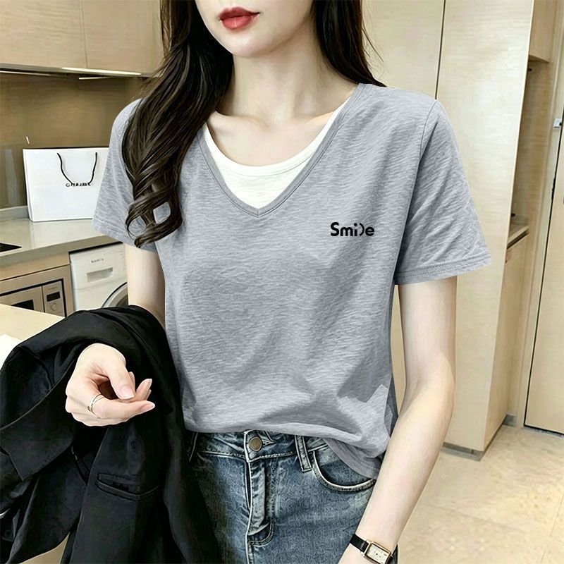 竹节棉V领假两件短袖T恤女大码