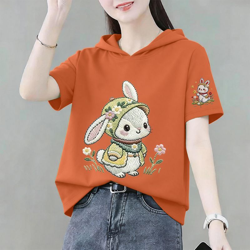 夏季纯棉连帽宽松大码短袖T恤女