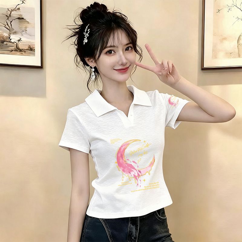 夏季竹节棉短款翻领T恤女大码