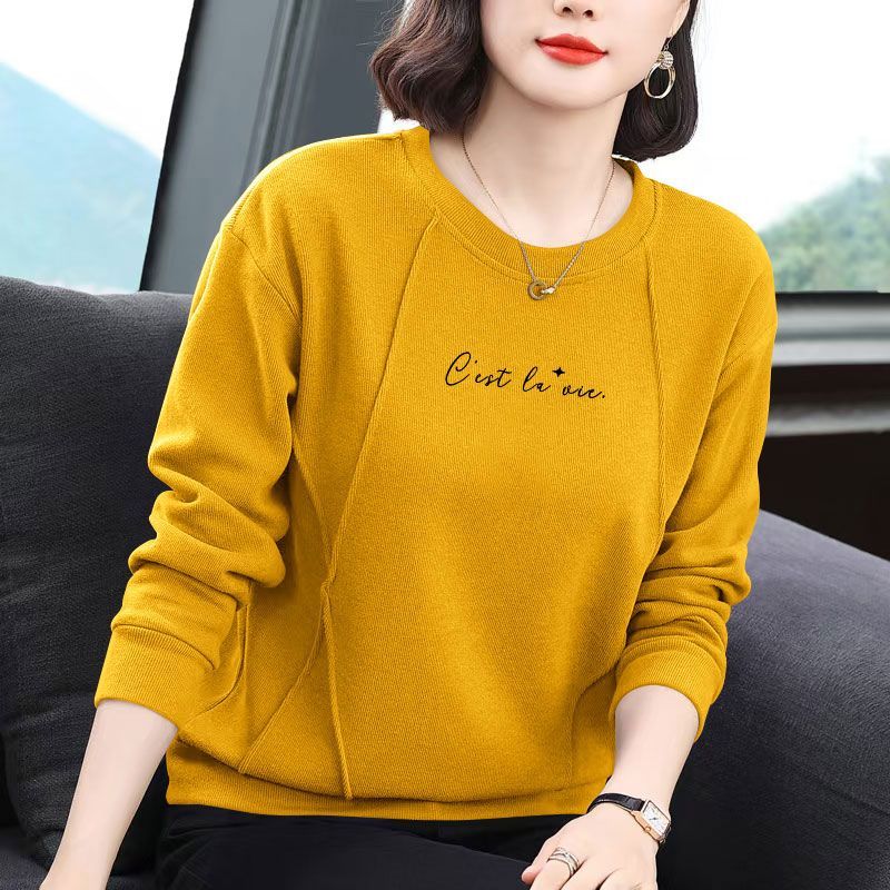 春秋款时尚圆领潮流珠地棉长袖卫衣女百搭大码洋气英文印花上衣服