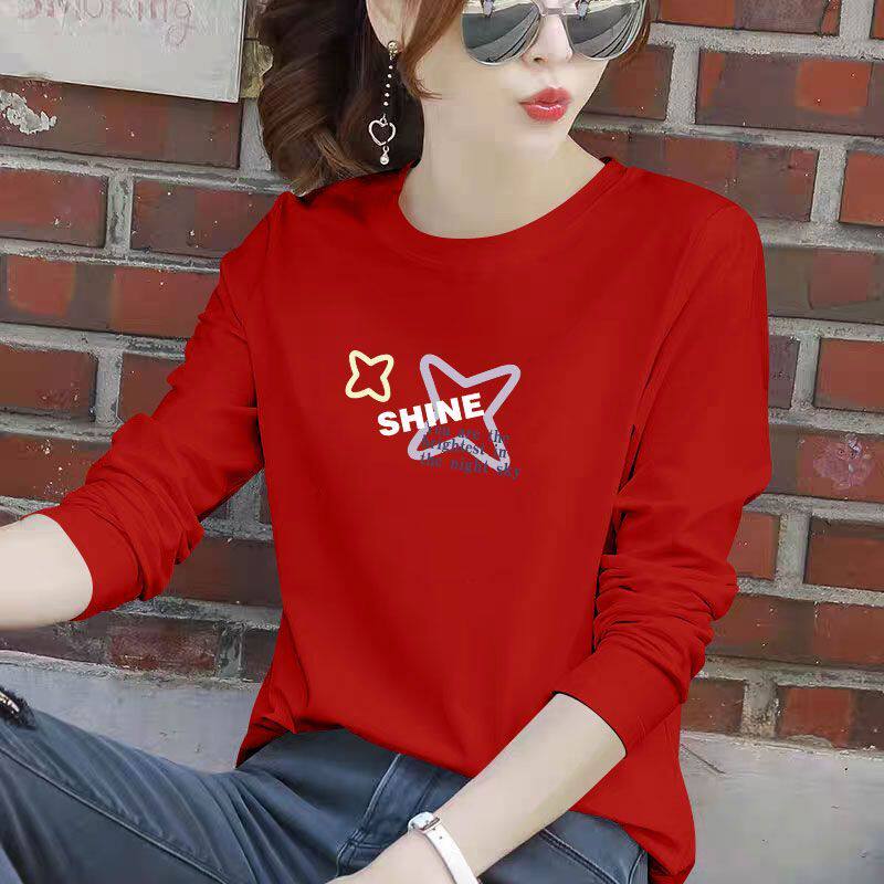 通勤100%纯棉韩版长袖T恤女春秋新款大码百搭潮流时尚圆领上衣ins