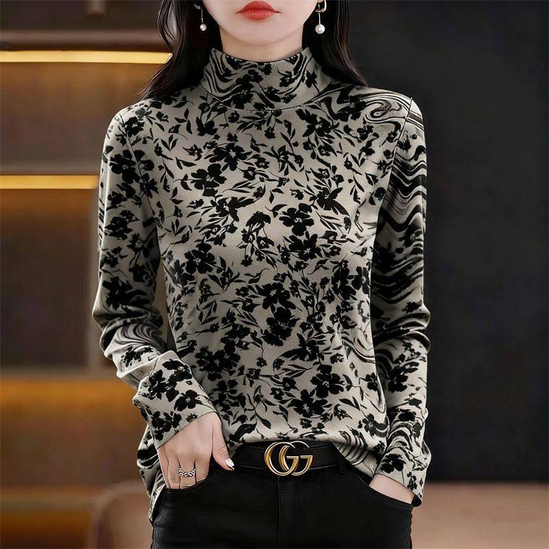 打底衫保暖长袖t恤女秋冬新款水墨风设计感百搭洋气半高领上衣服