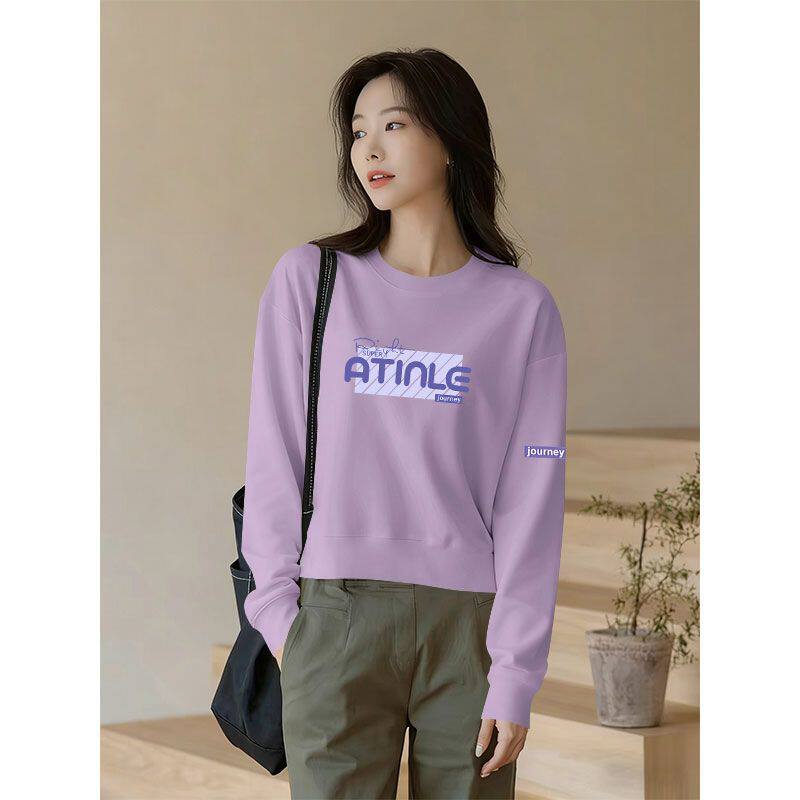 不加绒纯棉短款长袖卫衣女新款秋冬圆领设计感韩版大码小个子上衣