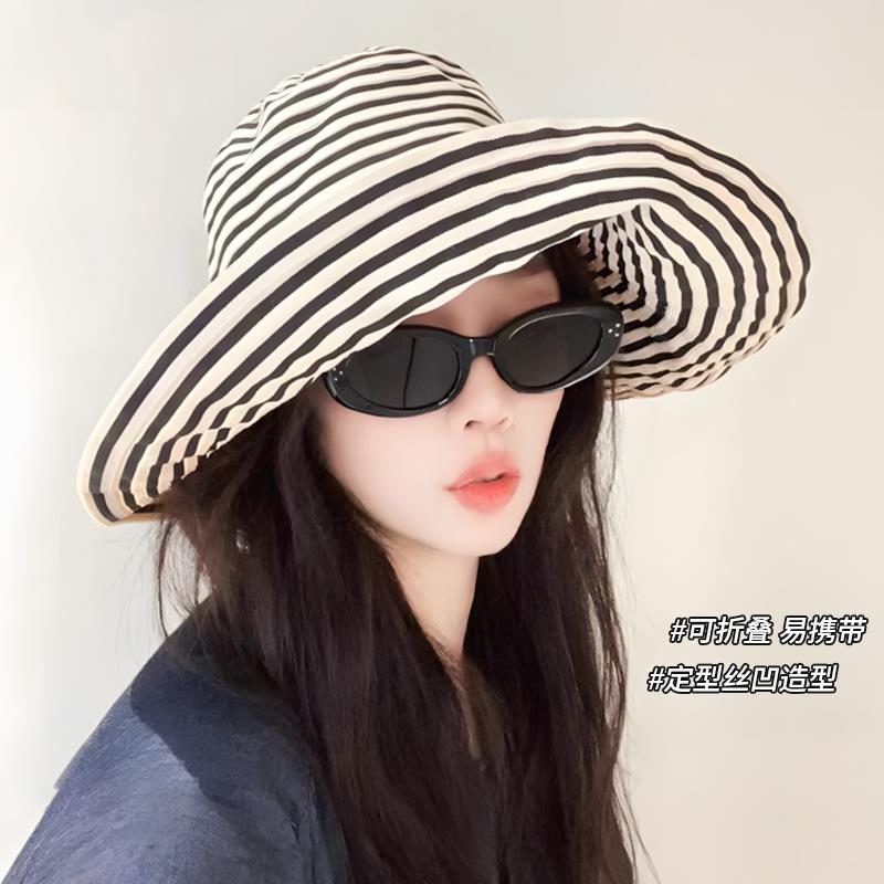 大头围防晒条纹渔夫帽女夏季新款日系可折叠长帽子时尚盆帽太阳帽