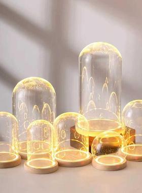 永生花原木槽灯发光底座玻璃防尘罩玫瑰装饰人偶模型摆件防尘罩