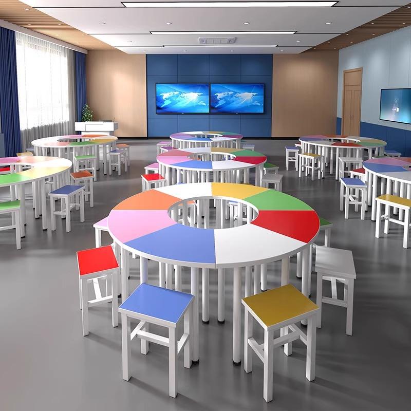 圆形美术培训桌椅拼接学生彩色绘画桌学校辅导课桌团体活动阅览桌