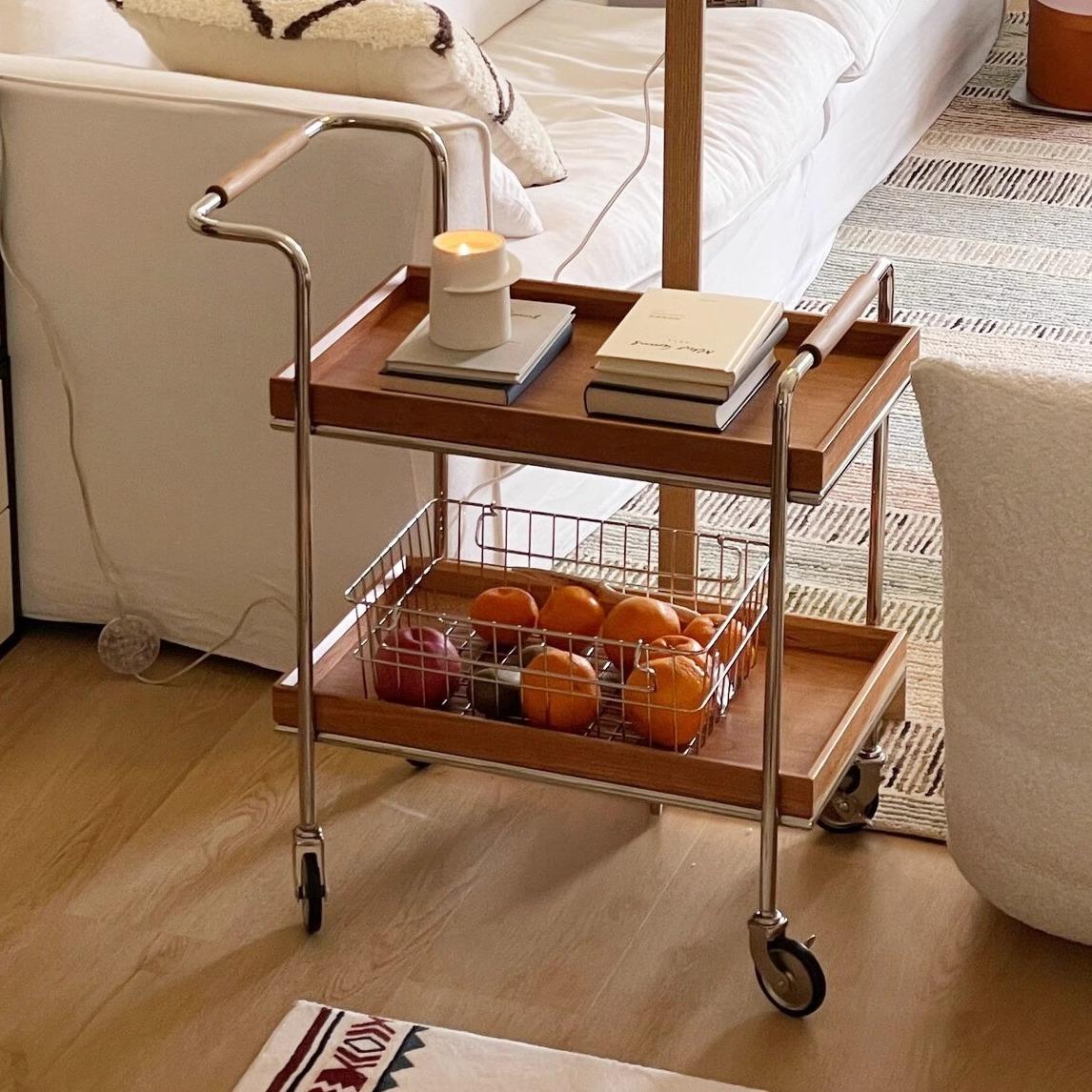 中古不锈钢小推车家用实木边几带轮置物架沙发可移动茶几收纳层架