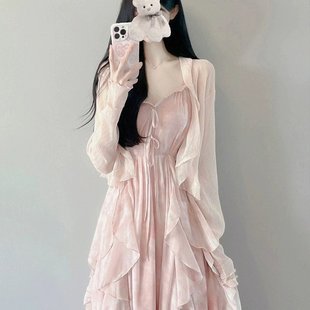 粉色碎花溫柔風(fēng)吊帶裙開衫 裙子套裝 兩件套小個子仙女連衣裙春夏裝