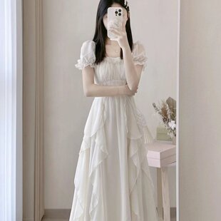 收腰显瘦中长款 法式 女装 方领甜美温柔仙女风连衣裙女夏季 裙子 新款