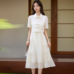 配吊带裙子汉服两件套 新中式 国风连衣裙女2025夏新款 短袖 盘扣衬衫