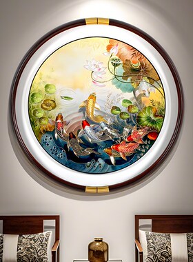 铜雕饰挂画新手工錾刻连年余端大气圆形荷九鱼图