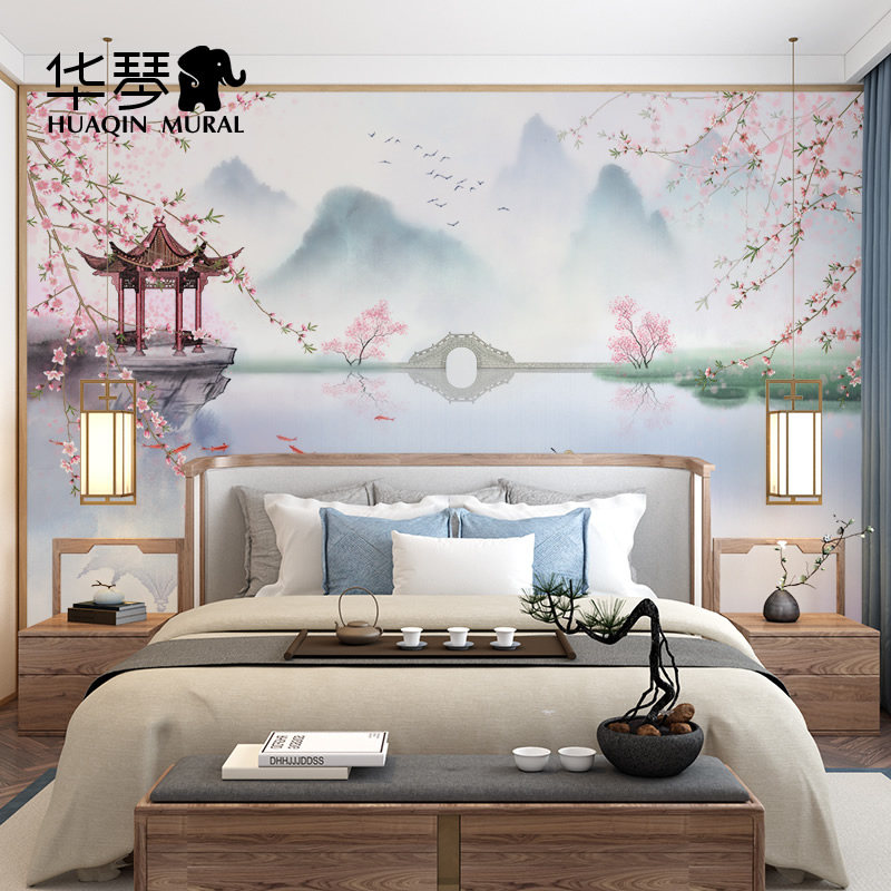 新水墨山水电视背景墙壁壁画茶室书房客厅沙发床墙墙布