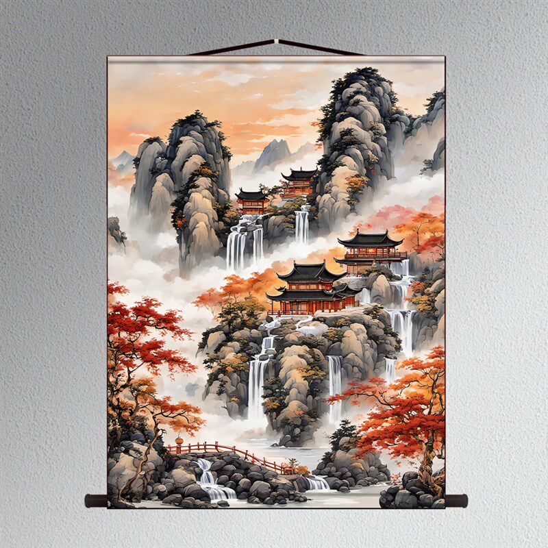 客厅丝绸挂画山水靠山风景饰画大气背景卷轴国画