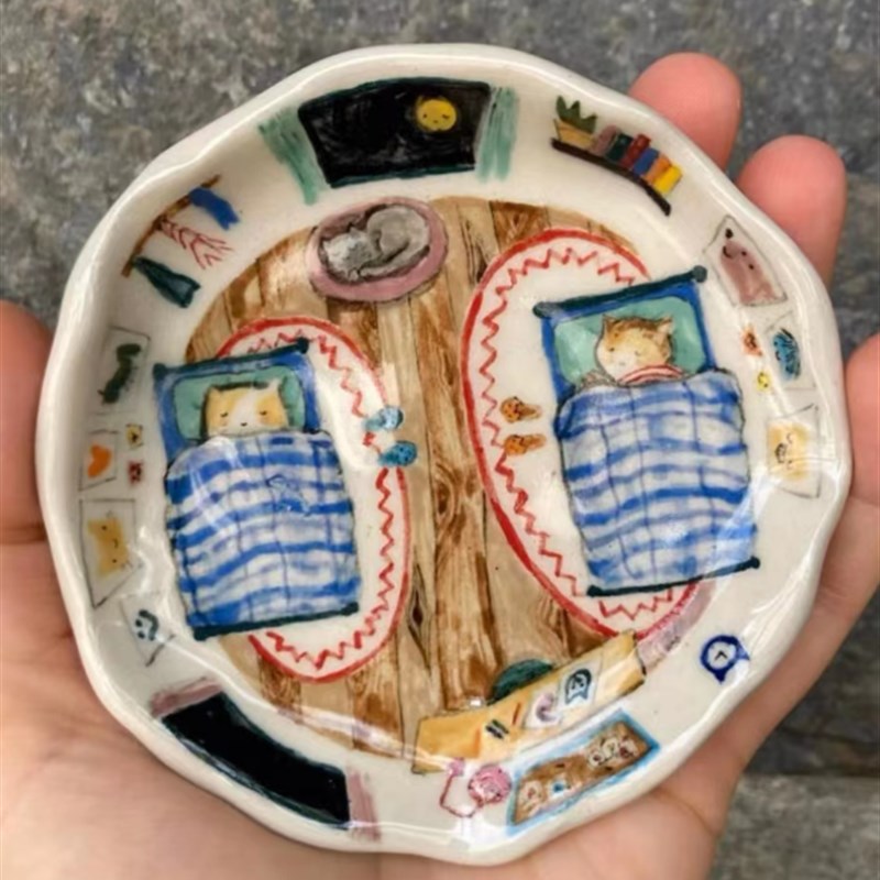 日系小猫睡着爱动物复古手绘陶艺餐盘碟子餐具味