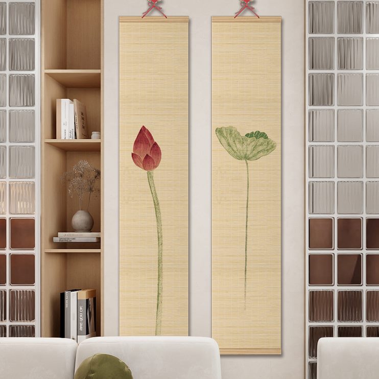 客厅茶室复古荷花玄关装饰画竹帘卷轴新中式挂画竹禅意装饰背景墙图片