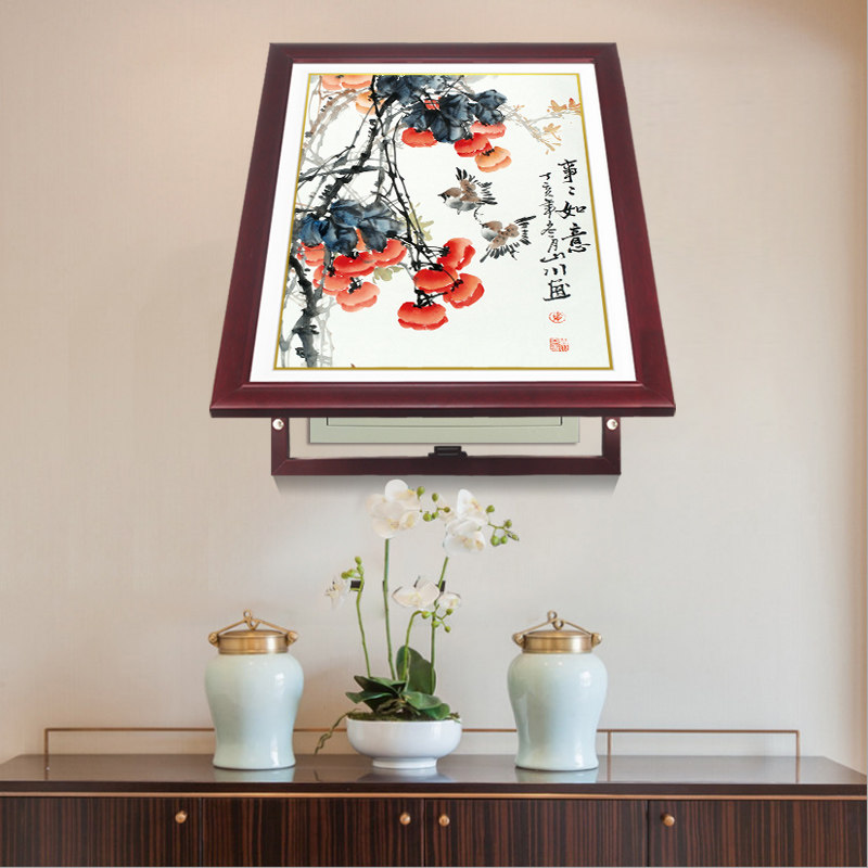 圣蓝诺 实木框饰画国画配电箱画竖推拉电表箱竖款电闸箱画