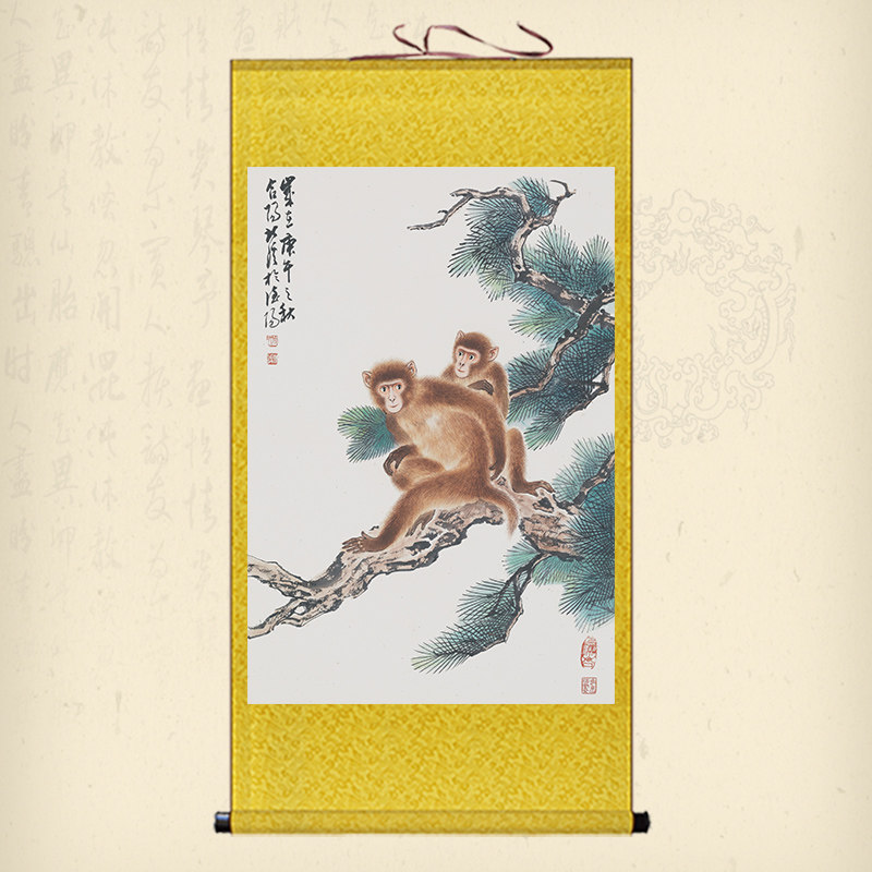群猴祝寿齐天大圣卷轴画猴子爬树丝绸画猴戏图装饰画挂画已装裱