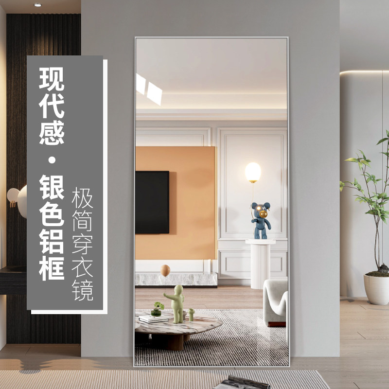 银色铝框壁挂女生镜落地支架试衣镜衣帽间挂墙全身镜入户镜子