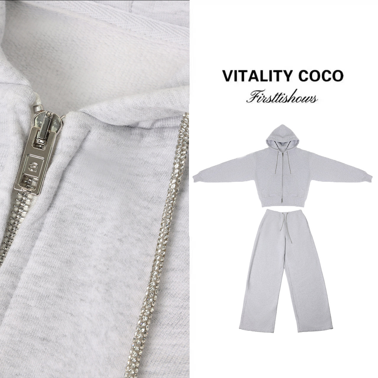 VITALITY  COCO拉链连帽+休闲裤 女款上新灰色星链卫衣套装-6010