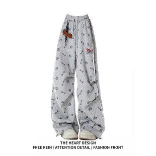 美式设计感灰色印花运动厚棉裤女春秋松弛感褶皱宽松加绒休闲裤子