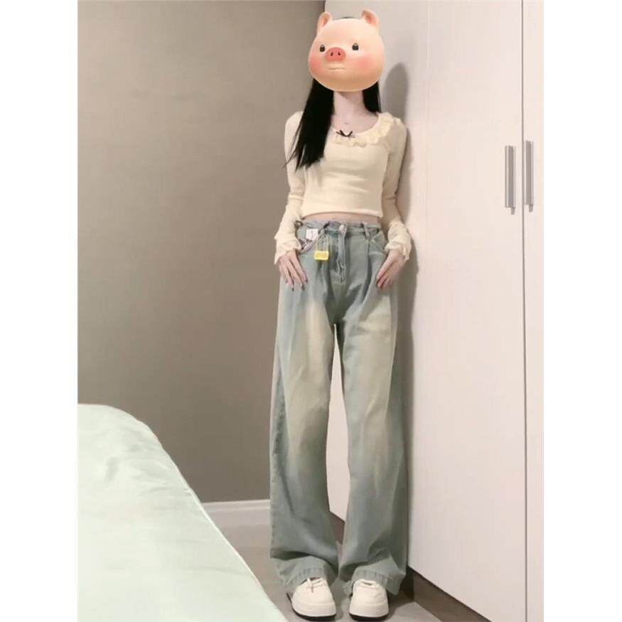 美式浅色阔腿牛仔裤女夏薄款2025新款小个子高腰显瘦宽松直筒长裤