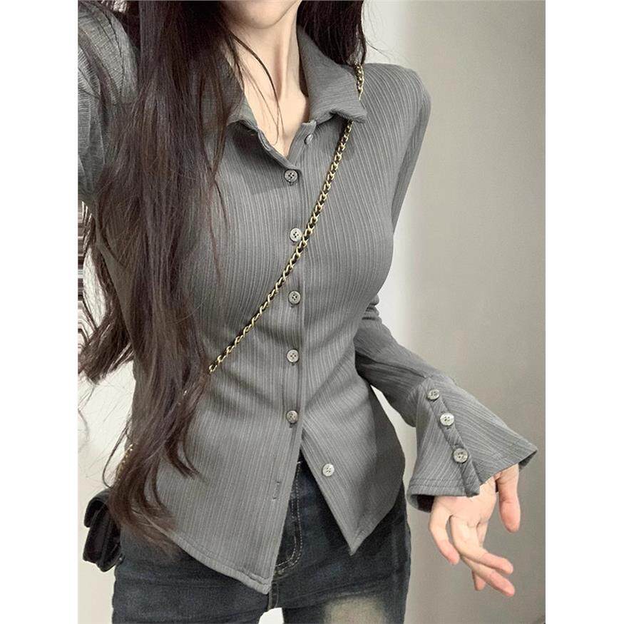 Polo领辣妹正肩长袖T恤女秋季设计感修身内搭打底衫喇叭袖上衣潮