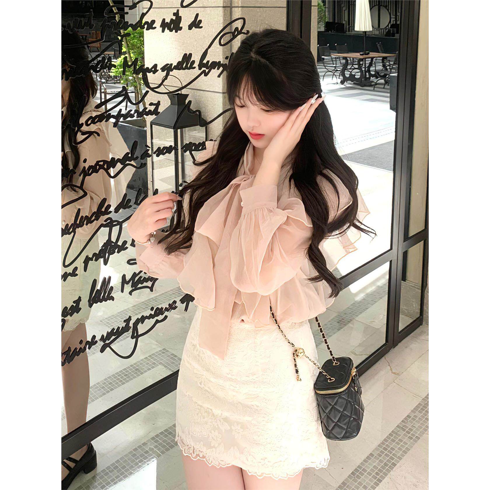 miu系千金感气质穿搭一整套粉色长袖衬衫蕾丝半身裙两件套小个子