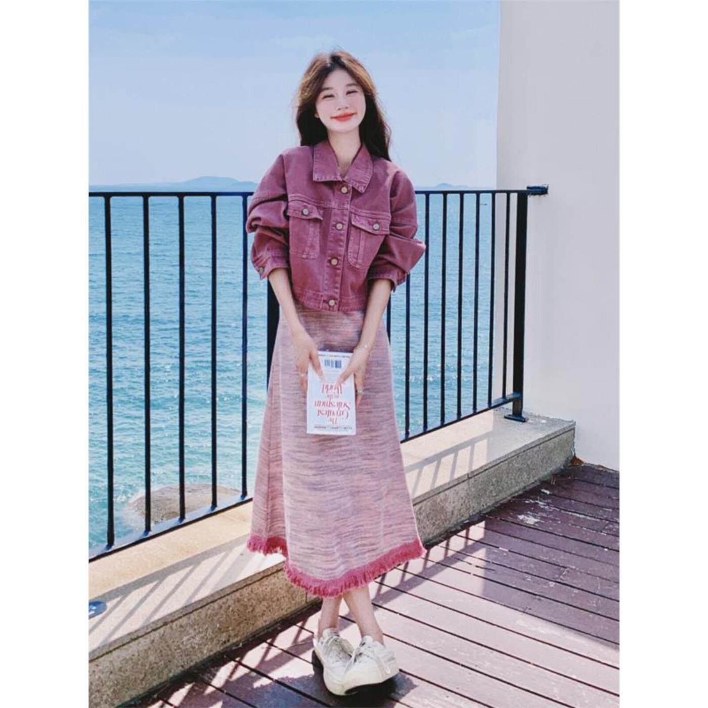 韩系穿搭一整套牛仔外套吊带裙套装女秋2025新款针织连衣裙两件套