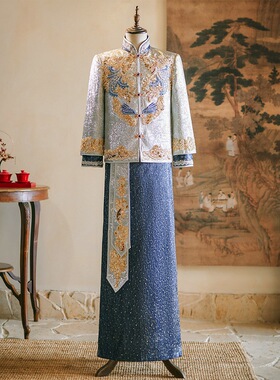 云梦集男士秀禾服2025新款重工蓝色出阁服高级质感接亲服新中式婚