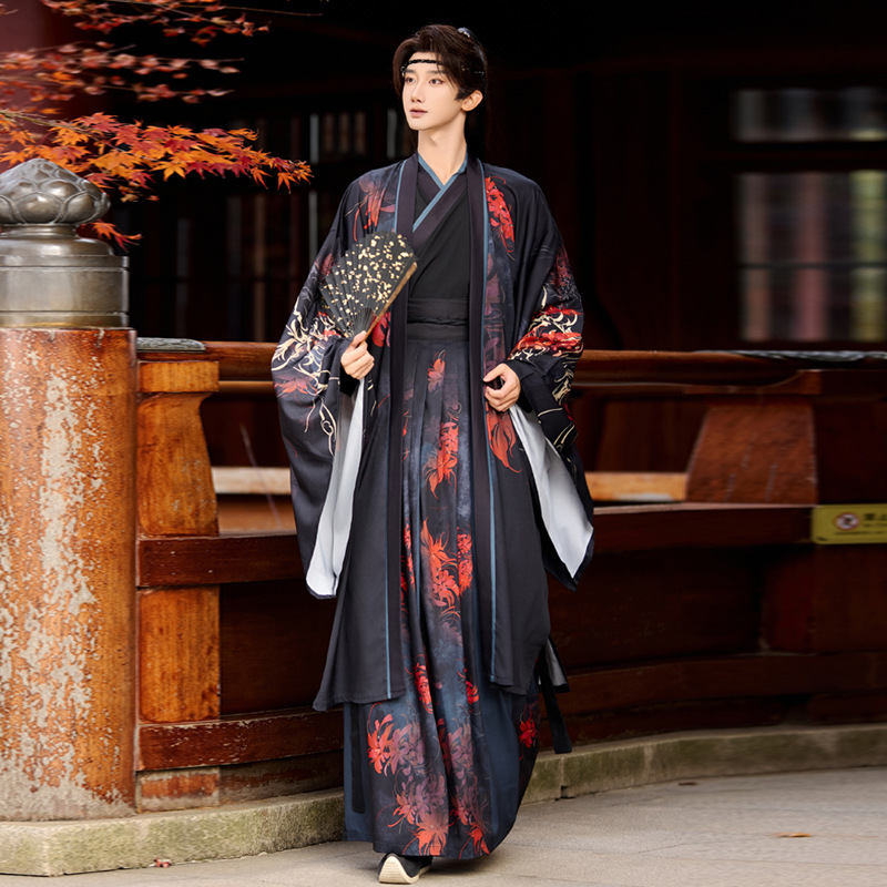 云梦集原创汉服男女情侣霸气侠客飒印花黑红长裙褙子日常套装春夏