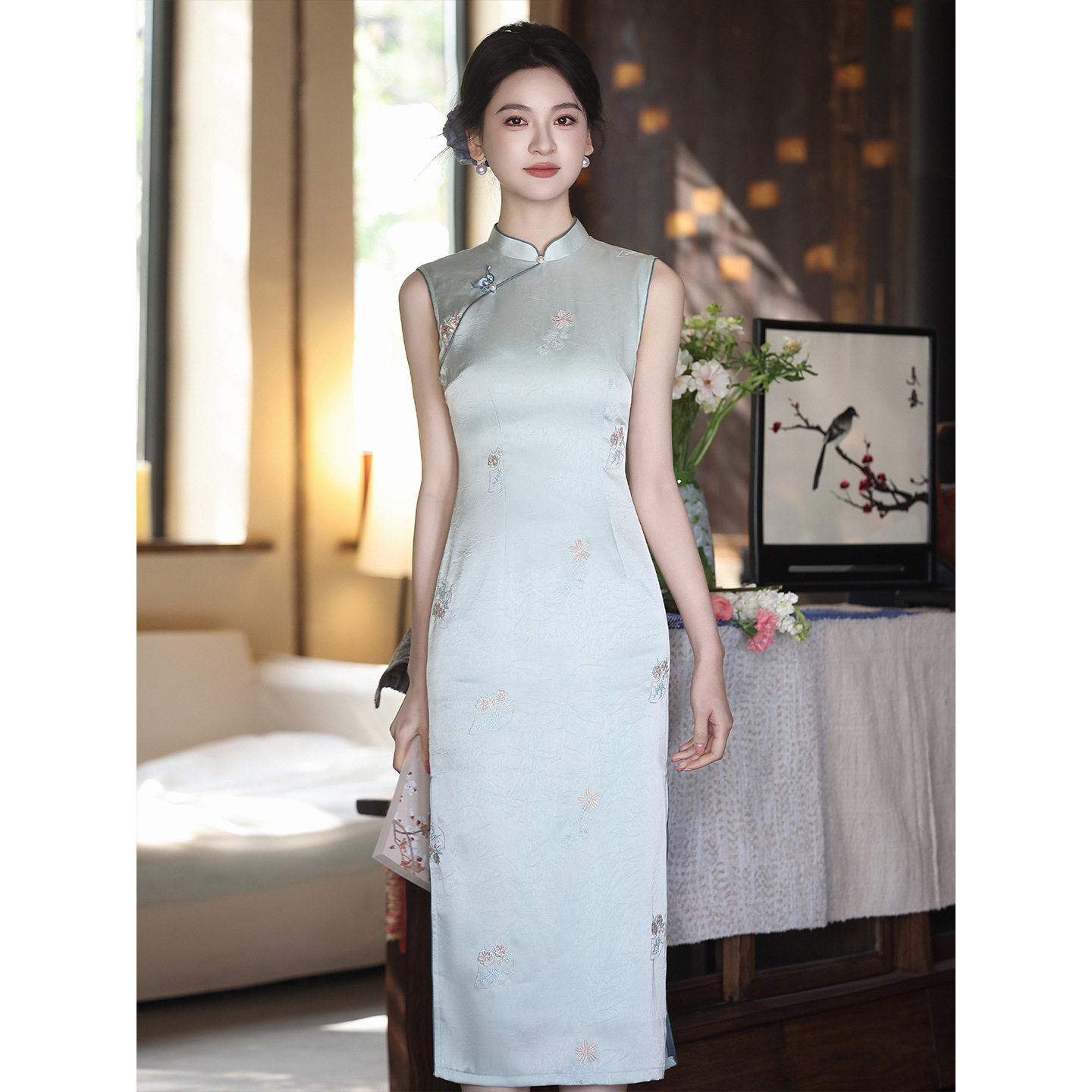 织造局绿色新中式旗袍国风绣花订婚礼服连衣裙绝美气质修身显瘦