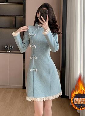 云梦集配大衣冬裙内搭打底裙子复古蓝色旗袍改良版连衣裙女加厚外