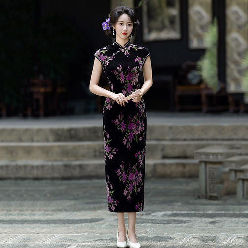 织造局黑色丝绒国风中式长款无袖旗袍改良年轻款女复古修身收腰春
