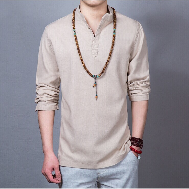 云梦集亚麻长袖衬衫宽松上衣中国风复古风男士立领棉麻衬衣复古休