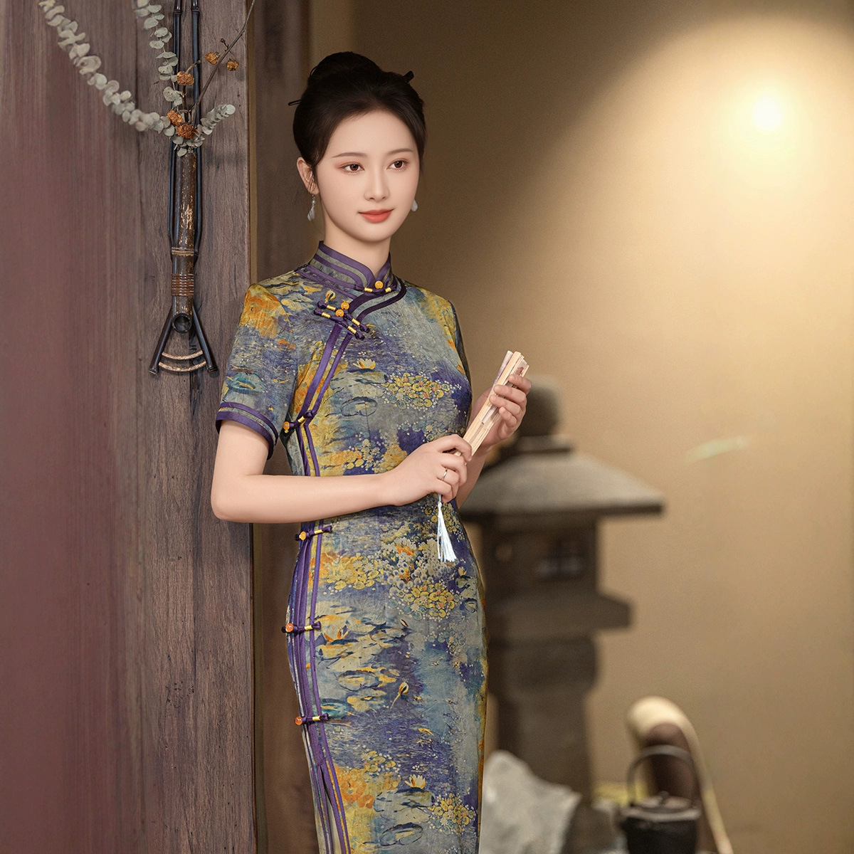 云梦集2025春季新款墨兰锦缎气质素雅宴会旗袍日常中国风长款旗袍