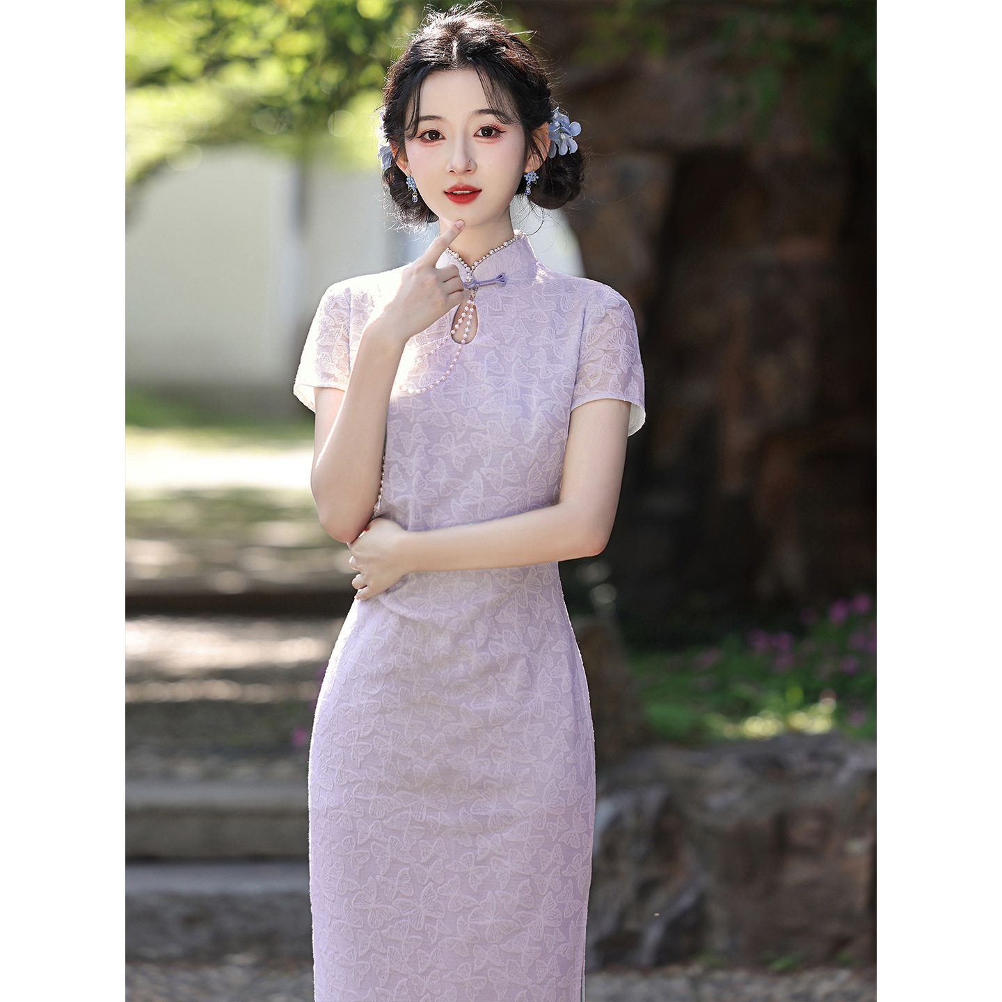 织造局新中式改良旗袍2026新款女小个子夏季紫色立领短袖修身显瘦