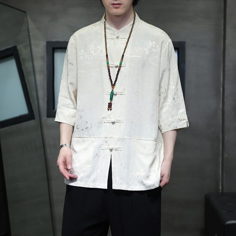 织造局新中式冰丝中老年衬衫男夏季唐装复古短袖衬衣老头太极服上