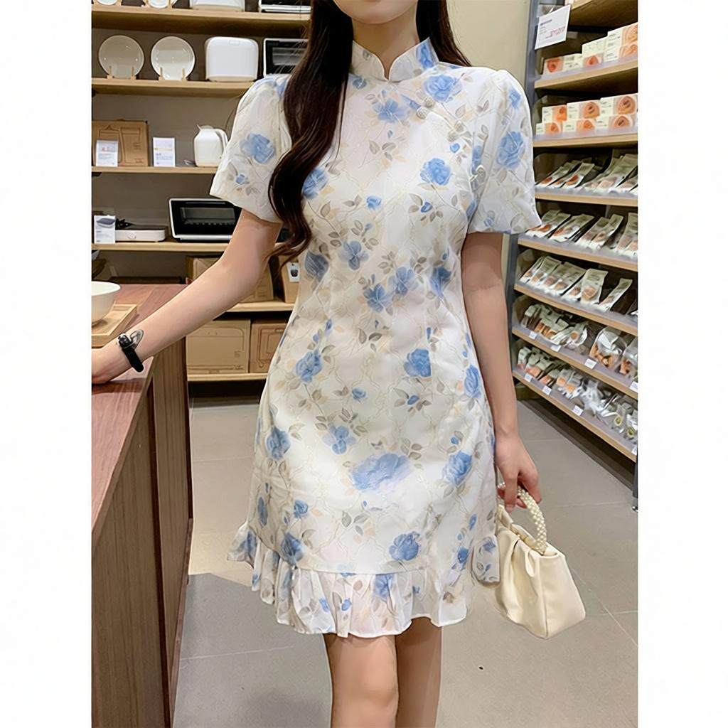 织造局150小个子国风改良旗袍连衣裙女xs收腰a字荷叶边短裙夏季LY