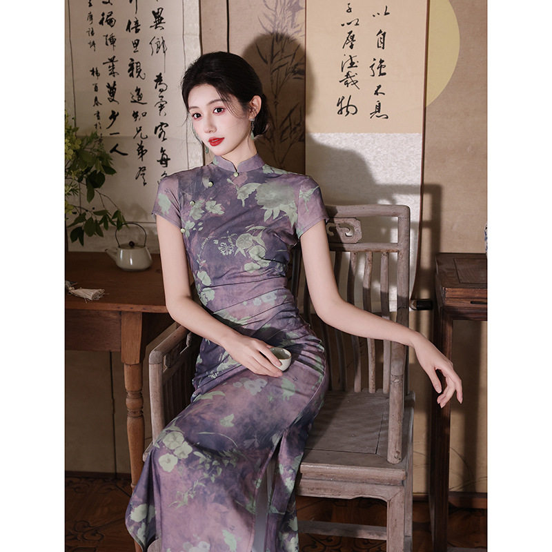 织造局复古气质印花新中式旗袍夏季紫色修身日常可穿收腰显瘦少女