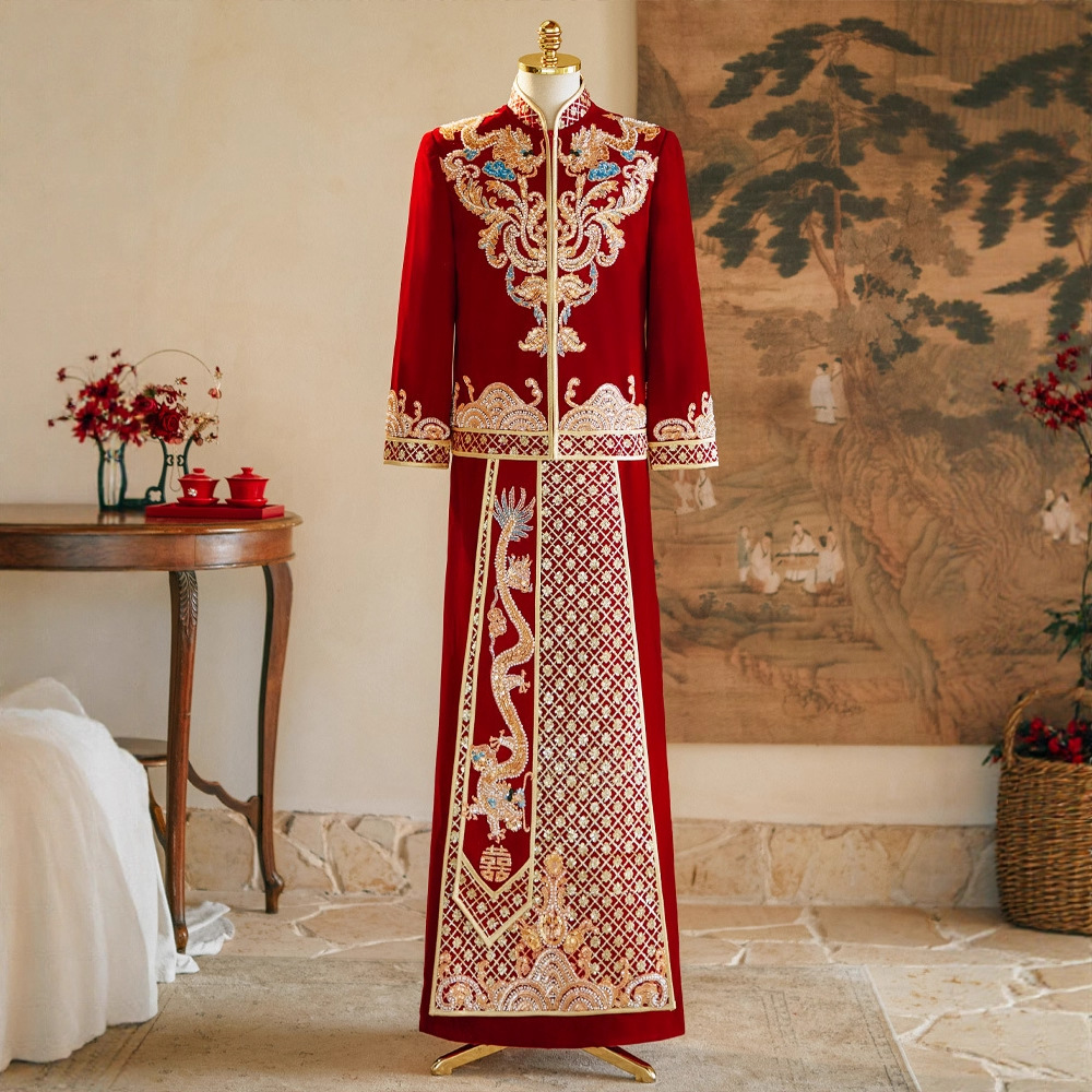 云梦集中式刺绣丝绒新郎秀禾服结婚汉服2025新款男装马褂复古长袍